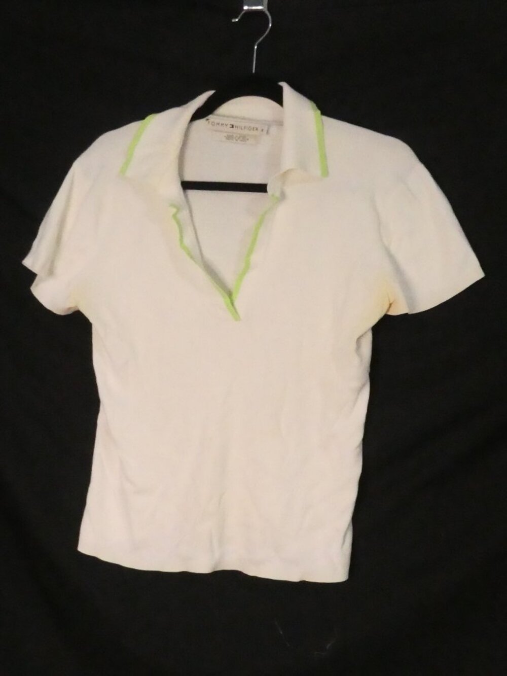 TOMMY HILFIGER White V-Neck Polo Shirt with Neon Green Trim - Size Large